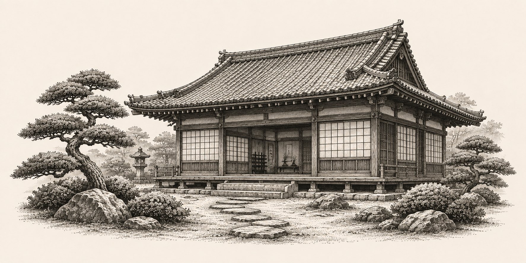 Engraving of a dojo: a wooden training hall with a tiled roof and paper screens, stepping stones leading to its veranda, flanked by garden pines and a stone lantern.