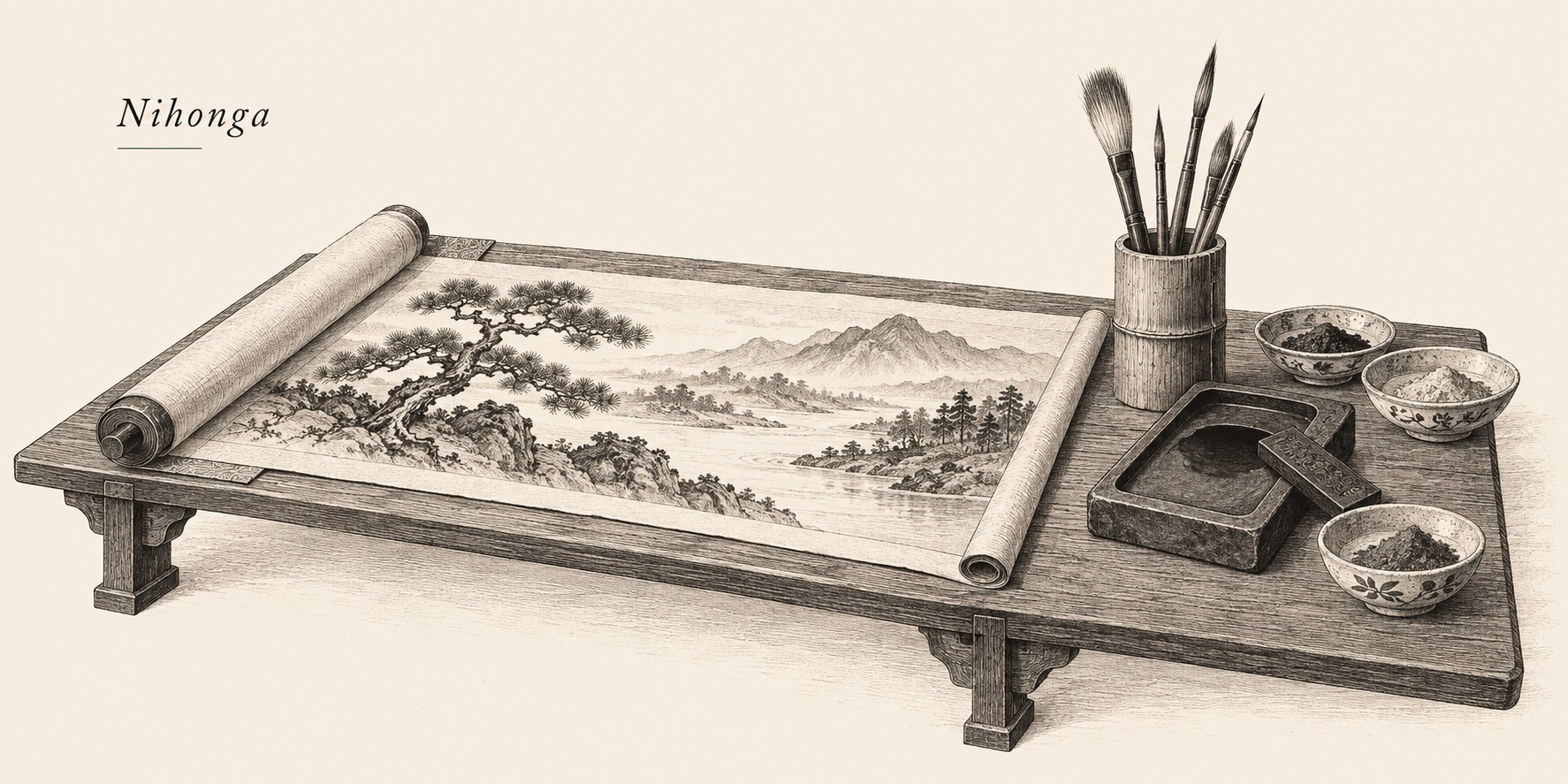 Engraving of a Japanese painter’s low worktable with an unfurled pine-and-mountain landscape, brushes, an inkstone and bowls of mineral pigment, under the word Nihonga.