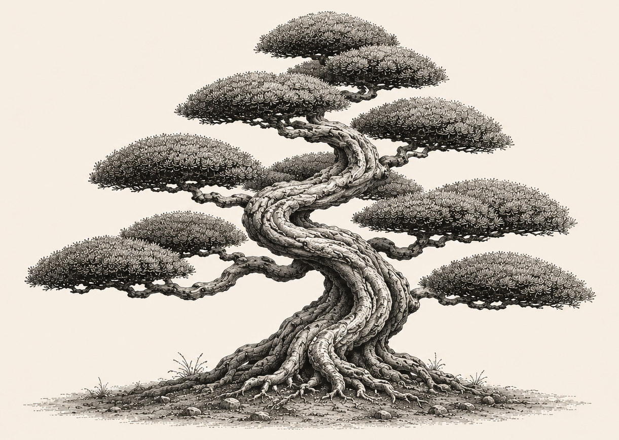 Engraving of a niwaki: a Japanese garden pine with a twisted trunk and cloud-pruned foliage.
