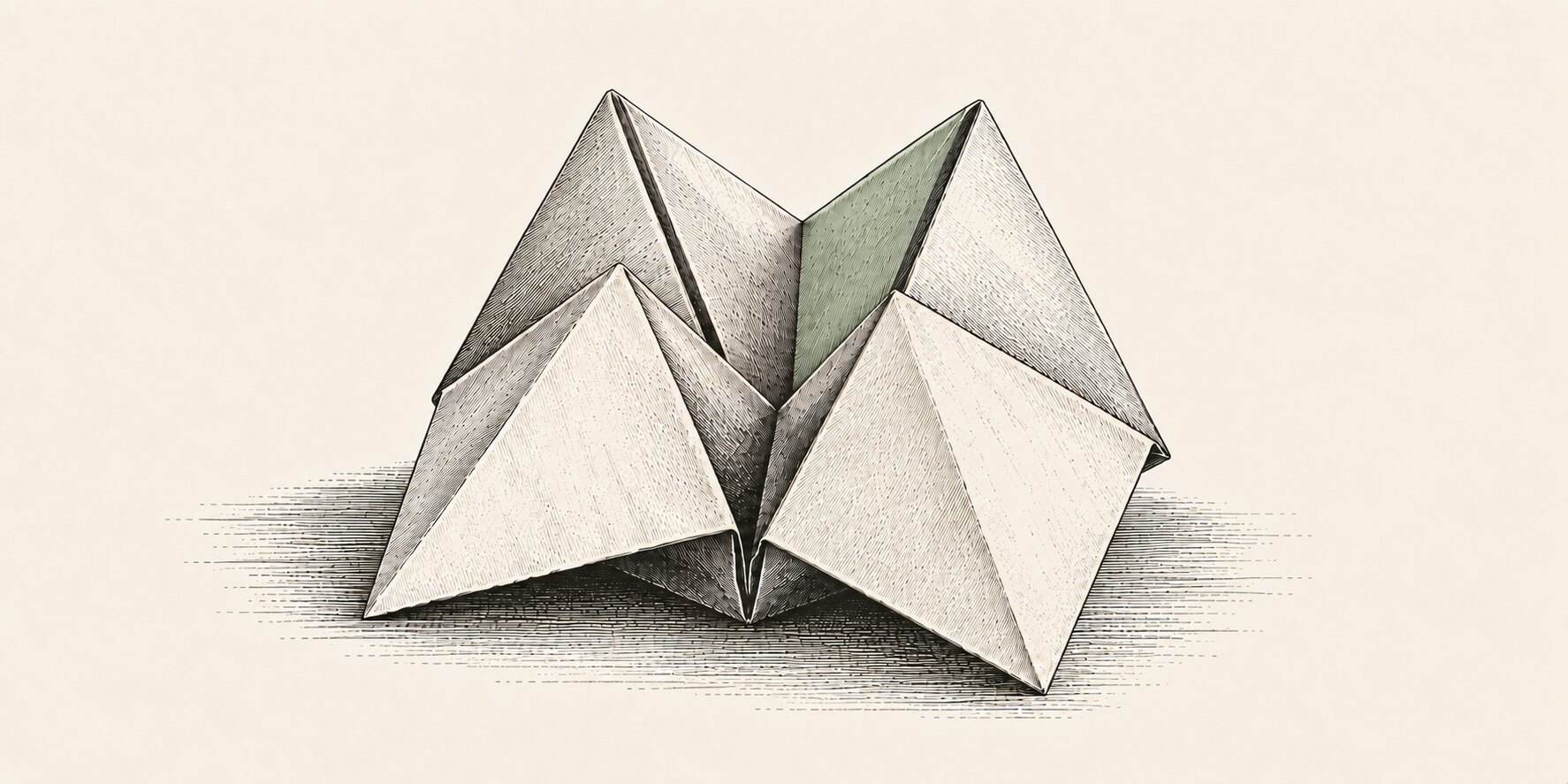 Engraving of a folded paper fortune teller, one inner face tinted green, casting a hatched shadow.