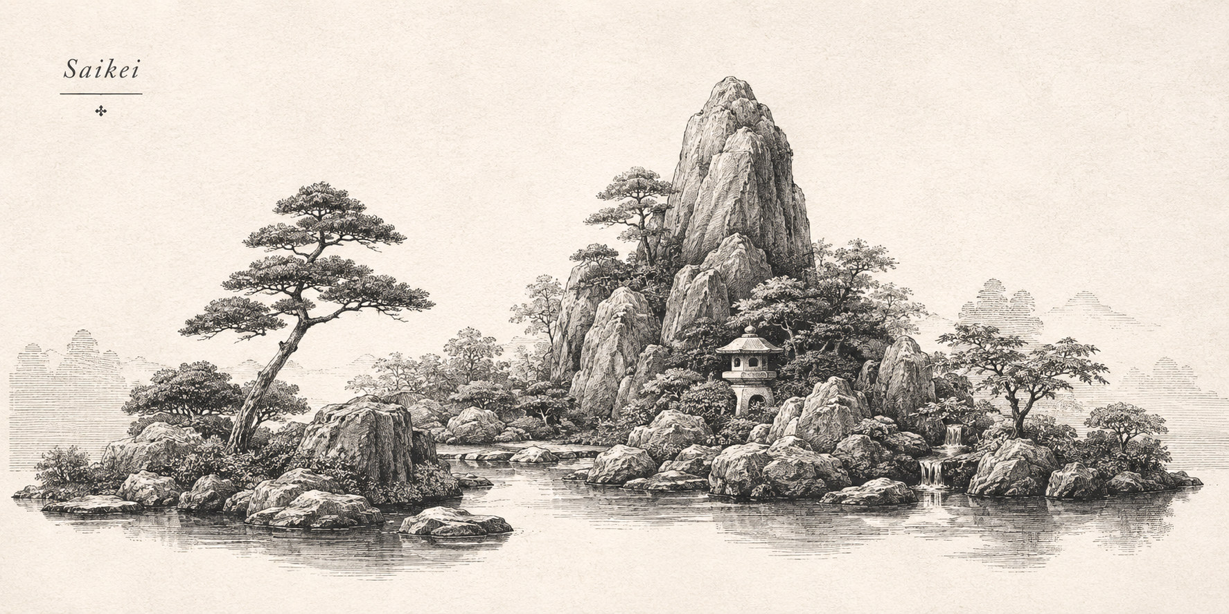 Engraving of a saikei, a planted tray landscape: pines, a rock peak, a stone lantern and a small waterfall over still water, under the word Saikei.