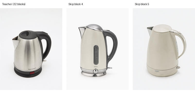 Teacher, block-4 identity bypass, and block-5 identity bypass, left to right: A movie still of an electric kettle on a white background.